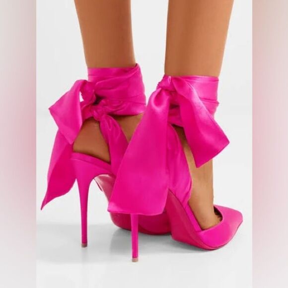CHRISTIAN LOUBOUTIN Satin Douce Du Desert 100 Heels Rose Pink Ankle Tie EU37 US7 - Picture 1 of 16
